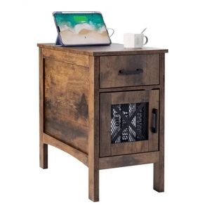 Farmhouse End Table, Night Stand with USB Ports and Outlets, 3 Tiers End Table Side Table with Storage Cabinet and 1 Drawer