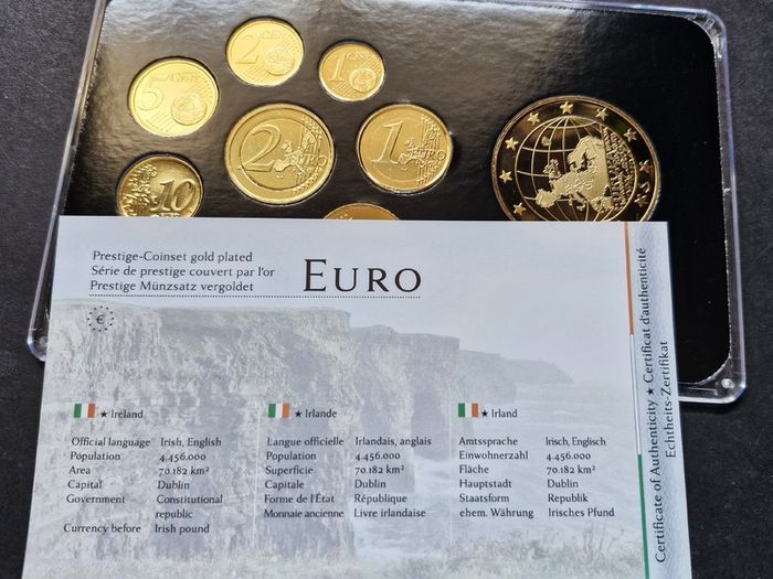 Prestige Ireland .999 Rhodium and 24k Gold Plated Coin Set 2002 + Proof Medal UNC Only 9,999 Set's