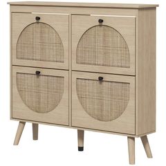 Shoe Cabinet 4 Folding Doors 20 Pairs Adjustable Shelf Bohemian Style Solid Wood Legs 105 x 24 x 97.5 cm Natural