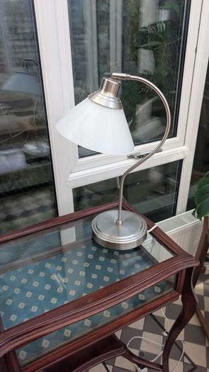 Modern Arched Desk Lamp / Bedside Table Lamp, Brushed Steel & Frosted Glass