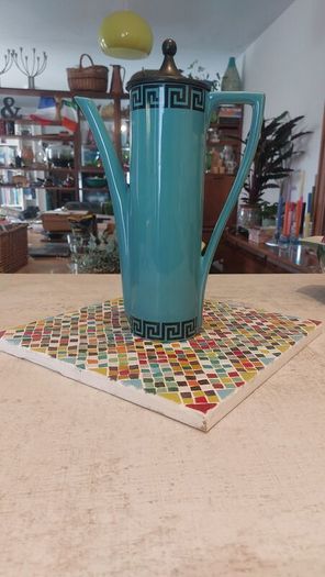 Fabulous Rare and Highly Prized Portmeirion Greek Key Tall Cylinder Coffee Pot in the Very Rare Turquoise and Black Colourway from 1967 - A Mid-Century Modern Design Classic in Mint Condition