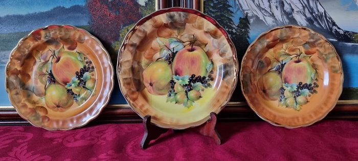 3 Piece Antique Hose St. Pottery 8.5 Inch Diameter Orchard Gold Starter / Salad / Breakfast Plate Made in England