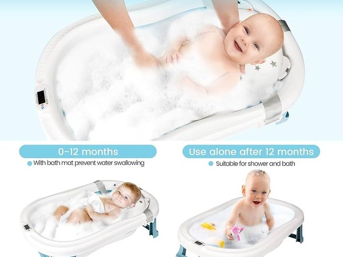 Large Foldable Baby Bathtub Baby Bath Tub with Cushion Pad, Non-Slip Support Leg, Collapsible Tub for Toddler Baby Kids Bathing - Childrens Travel Shower Bath Tubs | Shampoo Cup