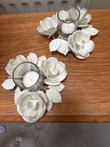 Enamel / Steel Shabby Chic Tea Light Holders ( 2 ) with clear glass inserts and lovely rose design