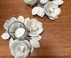 Enamel / Steel Shabby Chic Tea Light Holders ( 2 ) with clear glass inserts and lovely rose design