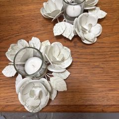Enamel / Steel Shabby Chic Tea Light Holders ( 2 ) with clear glass inserts and lovely rose design