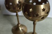 Vintage Pair of Brass Heart Candle Holders, Bronze goblet candle holder adorned with star-shaped cutouts,