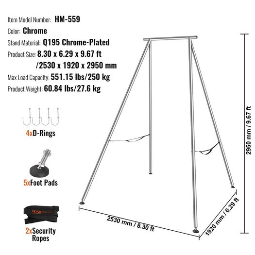 Aerial Yoga Frame, 9.67 ft Height Yoga Swing Stand, Max 551.15 lbs Load Chrome-Plated Steel Pipe Inversion Yoga Swing Stand Yoga Rig Yoga Sling Inversion Equipment for Indoor Outdoor Aerial Yoga