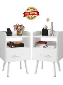 Bedside Table Set of 2, Nightstand, Side Table, Wooden Sofa End Table with Fabric Drawer, Open Shelf, Solid Wood Legs, 39x29x63 cm, for Bedroom, Living Room, White