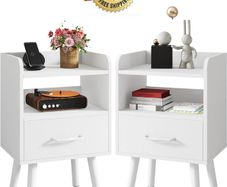 Bedside Table Set of 2, Nightstand, Side Table, Wooden Sofa End Table with Fabric Drawer, Open Shelf, Solid Wood Legs, 39x29x63 cm, for Bedroom, Living Room, White