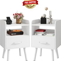 Bedside Table Set of 2, Nightstand, Side Table, Wooden Sofa End Table with Fabric Drawer, Open Shelf, Solid Wood Legs, 39x29x63 cm, for Bedroom, Living Room, White