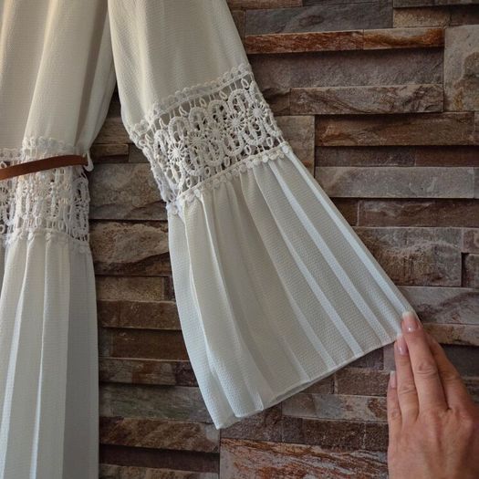 White crochet and pleated beach cover-up dress with a brown belt. Size 10