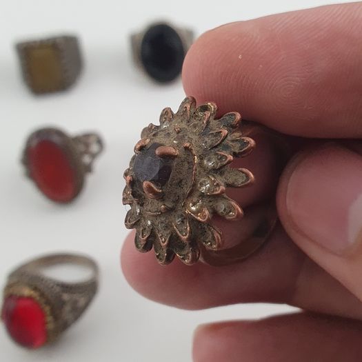 15 Antique Style Brass Rings Mixed Stone & Colourful Glass Accents
