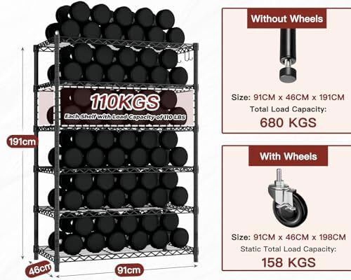 91cm x 46cm x 191cm Wire Storage Shelves with Wheels, NSF Certified 6-shelfs Heavy Duty Adjustable Kitchen Shelving Unit, Pantry Organizer Rack Rolling Metal Shelf for Garage
