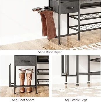 Shoe Bench with Cushion, Storage Bench with Padded Seat, 2 Drawer and Open Compartments, for Entryway, Hallway, Living Room, Black
