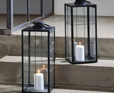 Set of 2 Large Black Metal & Glass Lanterns