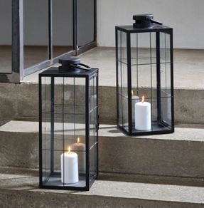 Set of 2 Large Black Metal & Glass Lanterns