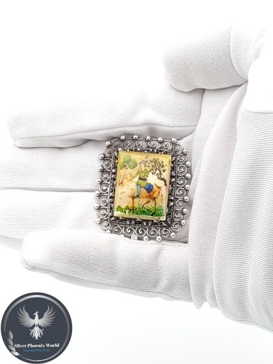 Antique Persian Hand Painted MOP Silver Brooch
