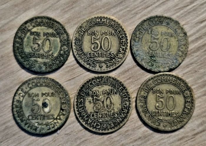 6 No. French 50 Centime Coins. Dates Sequence.