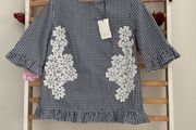 top Bnwt gingham navy &amp; white short sleeved button back top Lenny .B size 1 (8-10)