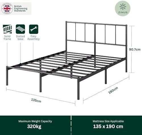 Double Bed Frame with Headboard - 4ft6 (135 x 190 cm) - 14'' Height - Metal Bed Base with Steel Slat Support - Storage Space Underneath - Modern Design - Easy Assembly - Black