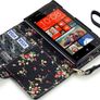 New Htc Windows Phone 8x Premium Pu Leather Wallet Black & Hot Pink  With Floral Interior / Black With Tan Inside Image 2