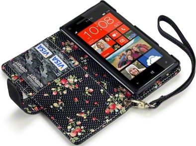 New Htc Windows Phone 8x Premium Pu Leather Wallet Black & Hot Pink  With Floral Interior / Black With Tan Inside