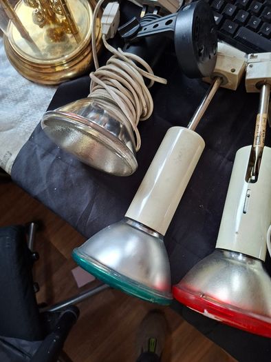 Large Theatrical or Display Lighting, including reflector lamps and colored PAR-style bulbs, with various lamp holders, plugs, and coiled electrical leads all working