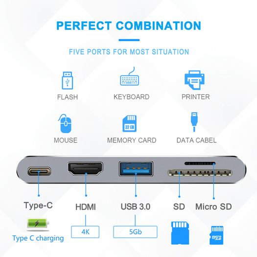 Rocketek Mini Dock Combo USB 3.0 Hub + HDMI 4K@30Hz & SD/TF Card Reader Aluminum Alloy (Brand New/Warranty)