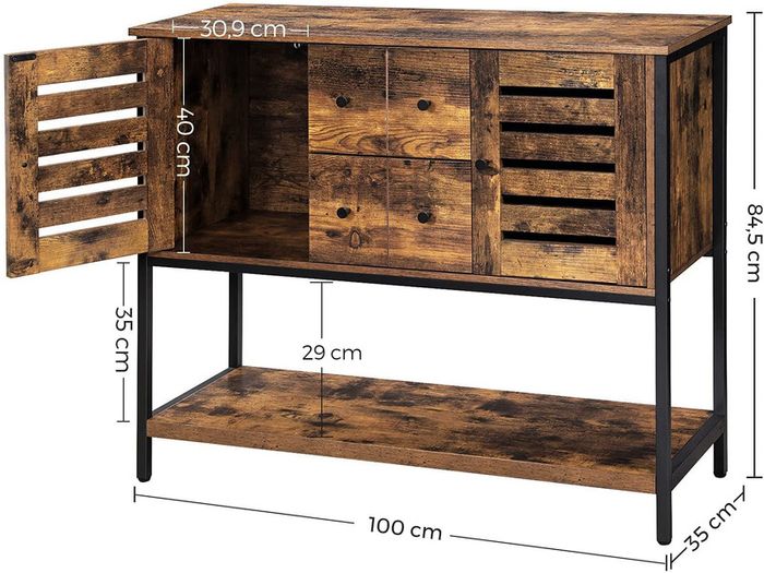 _Sideboard, cabinet with 2 drawers and doors, 1 shelf, for dining room, living room, kitchen, 100 x 35 x 84.5 cm, industrial design, vintage brown-black