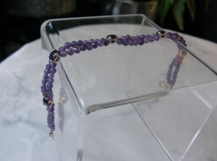 Double Strand Faceted Amethyst Bead Bracelet, 925 Silver Clasp, 7in/18cm