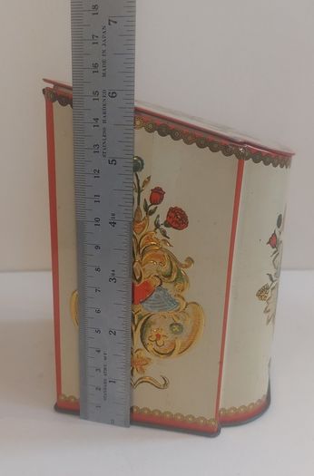 Funky Retro Mid-Century 1950's Tin Tea Caddy, with a Stylish Embossed Floral Design an Unusual Shape, with a Cushion Lid, by Baret Ware in the Monetery Design
