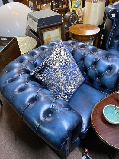 Chesterfield Blue Leather Couch Suite