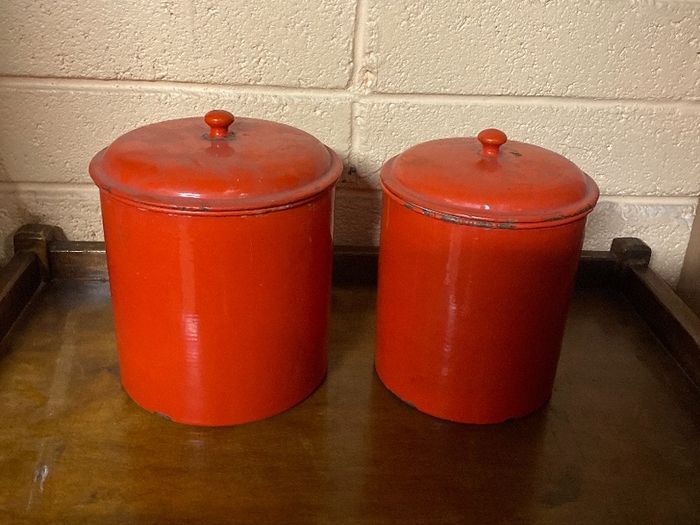 tage Mid-Century Red Enamel Kitchen Canisters - Set of 2