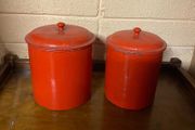 tage Mid-Century Red Enamel Kitchen Canisters - Set of 2