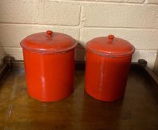 tage Mid-Century Red Enamel Kitchen Canisters - Set of 2