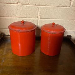 tage Mid-Century Red Enamel Kitchen Canisters - Set of 2