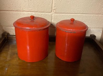 tage Mid-Century Red Enamel Kitchen Canisters - Set of 2
