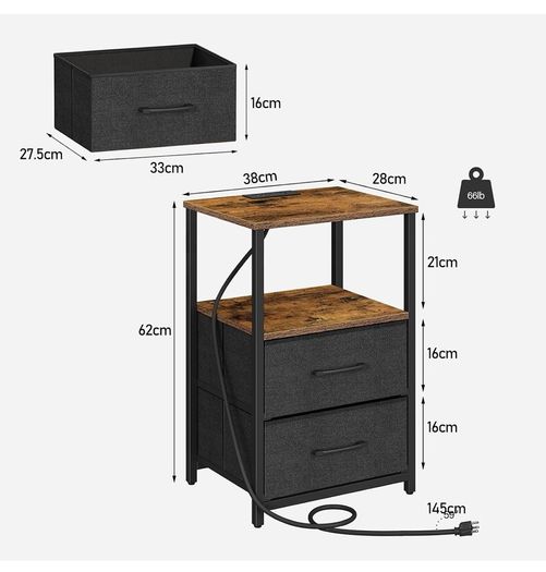 Bedside Table with Charging Station, Side Table with 2 USB Ports and Outlets, Nightstand with Cloth Drawer, Set of 2, End Table, Brown and Black