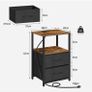 Bedside Table with Charging Station, Side Table with 2 USB Ports and Outlets, Nightstand with Cloth Drawer, Set of 2, End Table, Brown and Black Image 6