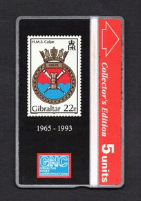 1993 Gibraltar 5 unit HMS Calpe Stamp (Landis & Gyr (Optical)) Phonecard