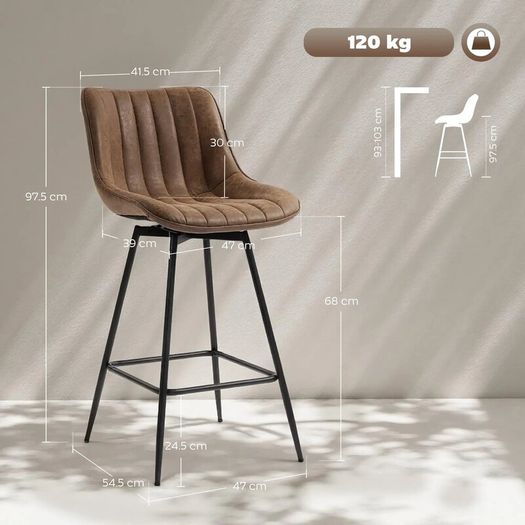 Set of 2 PU Leather Swivel Bar Stools - Brown