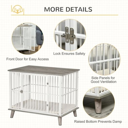 Dog Crate, Pet Cage Kennel, with Soft Cushion, Wooden Top, for Small Medium Dogs, Indoor Use, Grey