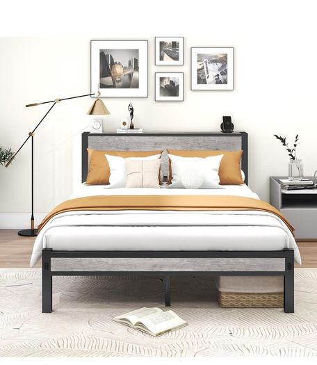 King Size Bed Frame with Storage Wooden Headboard