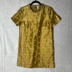 Other Stories Embroidered Mini Dress Sz 10UK 6US Gold Shiny Party Floral