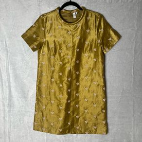 Other Stories Embroidered Mini Dress Sz 10UK 6US Gold Shiny Party Floral