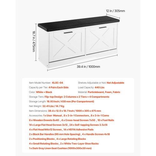 Entryway Shoe Storage Bench, 1000 x 305 x 475 mm Shoe Organizer with Flip Drawers, 440lbs Narrow Shoes Rack Bench with Cushion & Flip Doors,