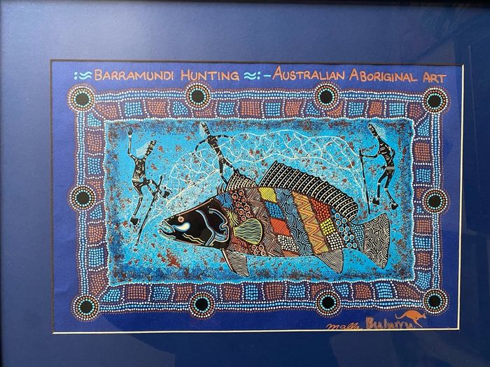 Framed Australian Aboriginal Art Print - "Barramundi Hunting" by Malla (Bulurru)