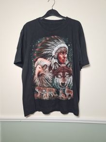 Vintage WILD t shirt American Indian wolf wolves eagle print front and back Size large