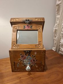 Vintage wooden jewellery box with mirror and drawer